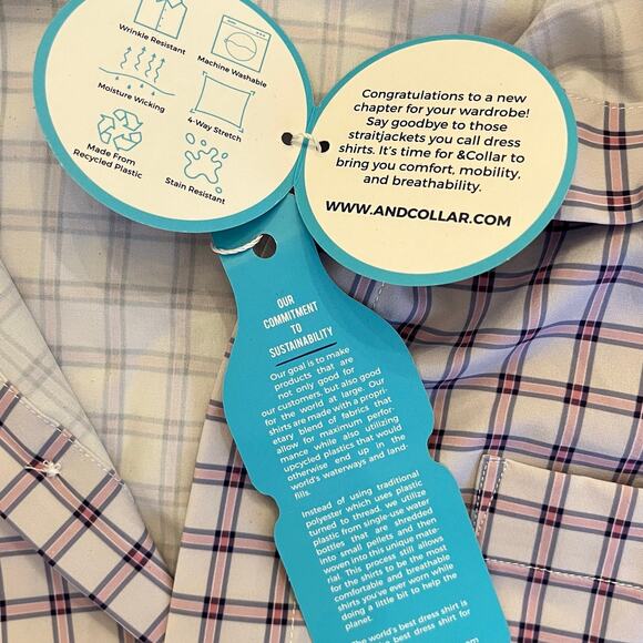 &Collar Button Up Mens Large Range Shirt Slim Plaid Purple White Long Sleeve NEW - Picture 7 of 12